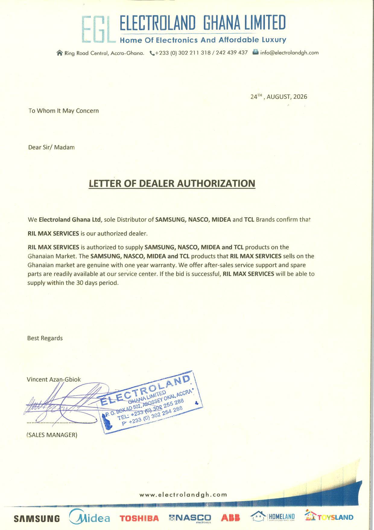 Letter of dealer authorization from Electroland Ghana Limited