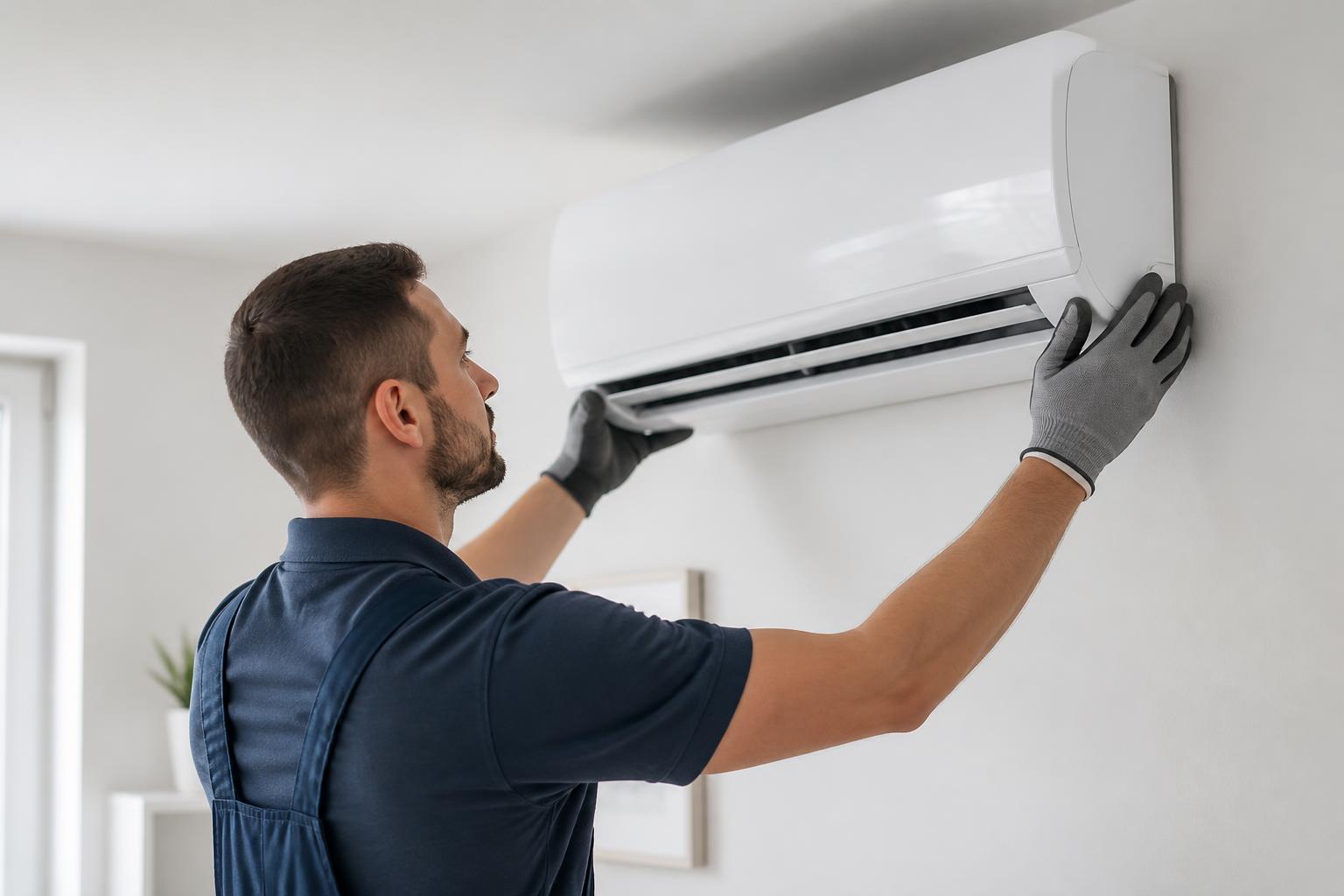 Technician installing a split air conditioning unit